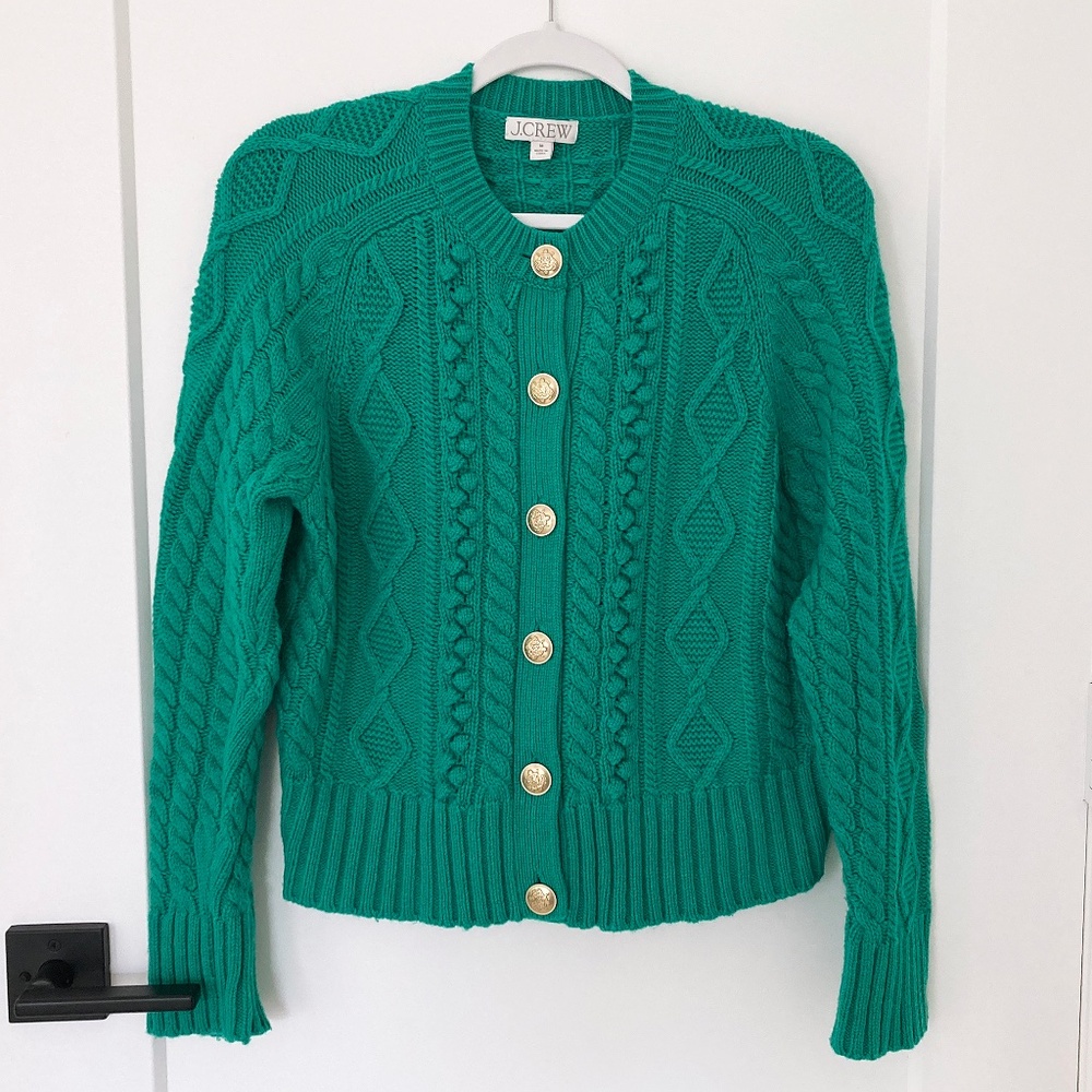 J. Crew Green Cable Knit Chunky Cardigan Sweater - M